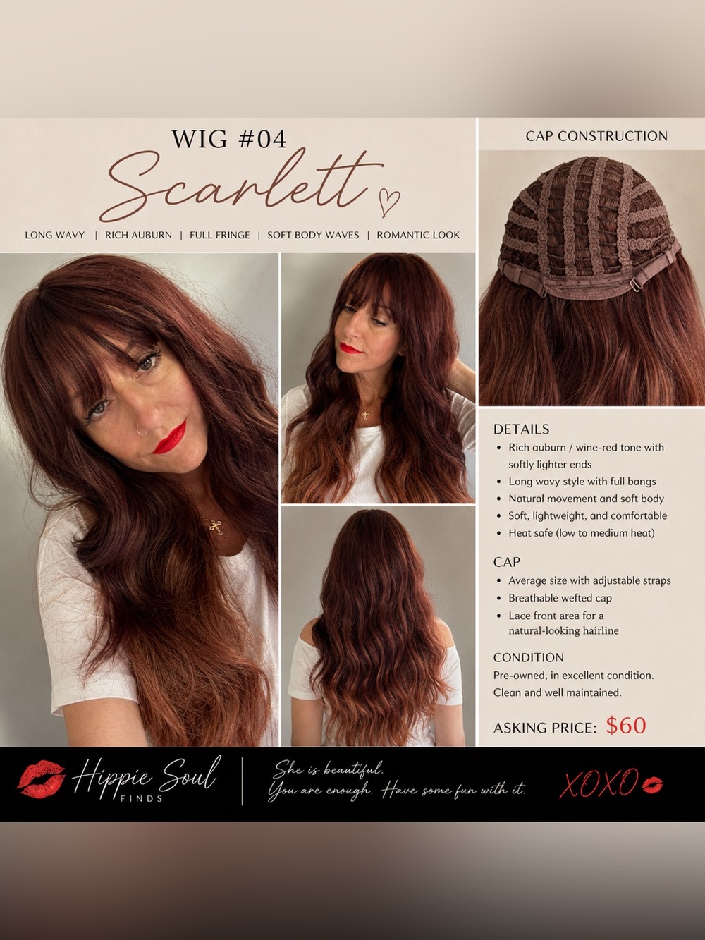 Scarlett — 30” Rich Auburn Long Wavy Wig with Bangs